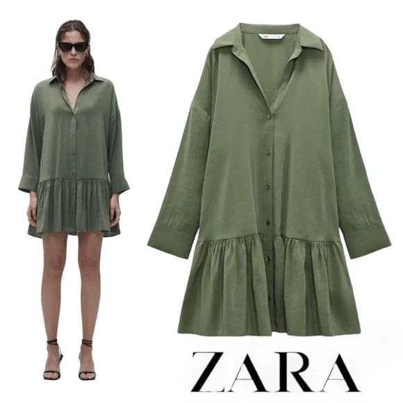 ZARA | Dark Khaki | FLOUNCED MINI DRESS - Picture 1 of 10
